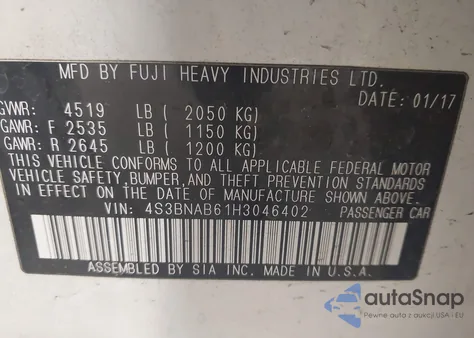 2017 Subaru Legacy z USA, uszkodzony, nr VIN 4S3BNAB61H3046402